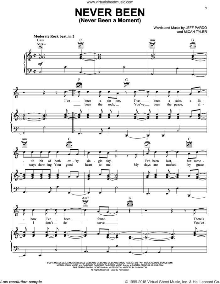 Never Been (Never Been A Moment) sheet music for voice, piano or guitar by Micah Tyler and Jeff Pardo, intermediate skill level
