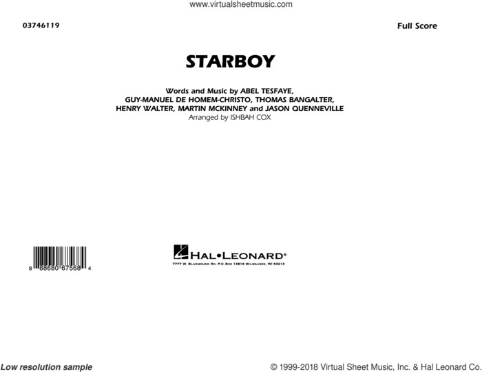 Starboy (COMPLETE) sheet music for marching band by Ishbah Cox, Abel Tesfaye, Guy-Manuel de Homem-Christo, Henry Russell Walter, Jason Quenneville, Martin McKinney, The Weeknd feat. Daft Punk and Thomas Bangalter, intermediate skill level