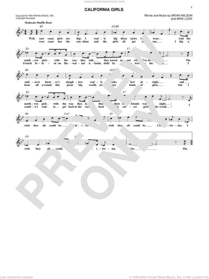 California Girls sheet music for voice and other instruments (fake book) by The Beach Boys, David Lee Roth, Brian Wilson and Mike Love, intermediate skill level