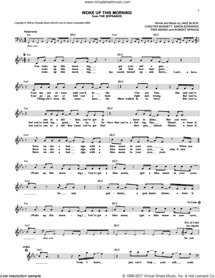 Woke Up This Morning sheet music for voice and other instruments (fake book) by Chester Burnett, Jake Black, Pier Marsh, Robert Spragg and Simon Edwards, intermediate skill level