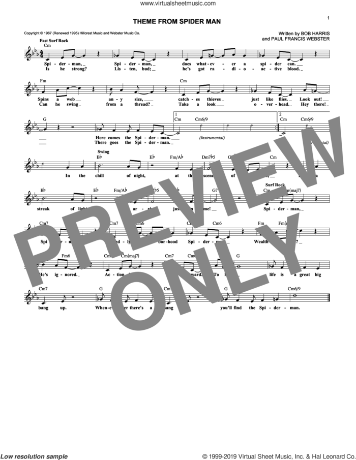 Theme From Spider-Man sheet music for voice and other instruments (fake book) by Bob Harris and Paul Francis Webster, intermediate skill level