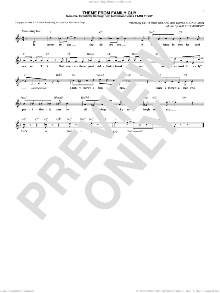Theme From Family Guy sheet music for voice and other instruments (fake book) by Walter Murphy, David Zuckerman and Seth MacFarlane, intermediate skill level