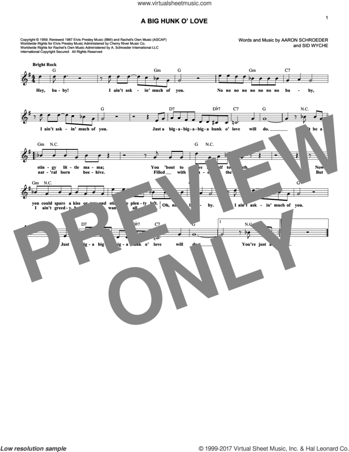 A Big Hunk O' Love sheet music for voice and other instruments (fake book) by Elvis Presley, Aaron Schroeder and Sidney Wyche, intermediate skill level