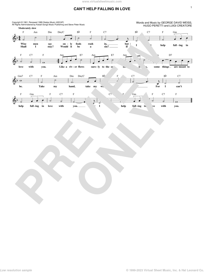 Can't Help Falling In Love sheet music for voice and other instruments (fake book) by Elvis Presley, UB40, George David Weiss, Hugo Peretti and Luigi Creatore, wedding score, intermediate skill level