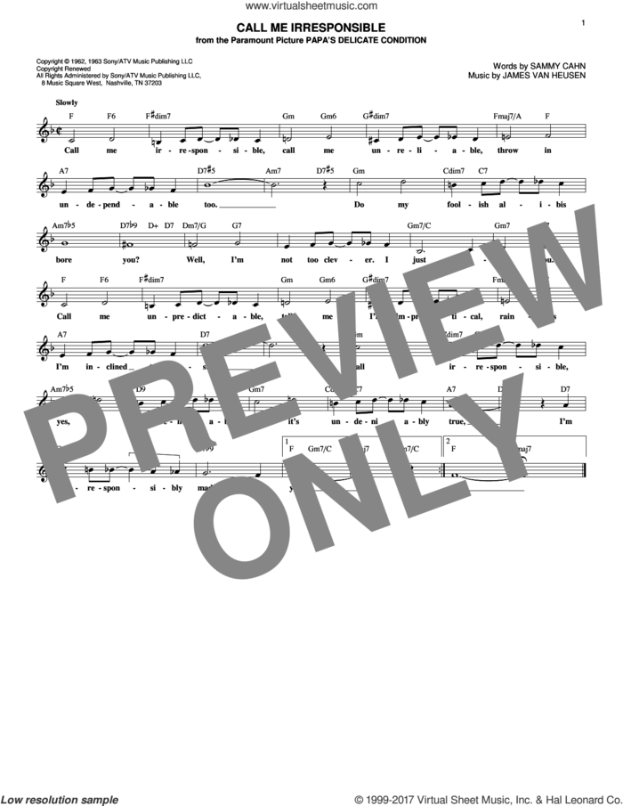 Call Me Irresponsible sheet music for voice and other instruments (fake book) by Sammy Cahn, Dinah Washington, Frank Sinatra, Jack Jones and Jimmy van Heusen, intermediate skill level