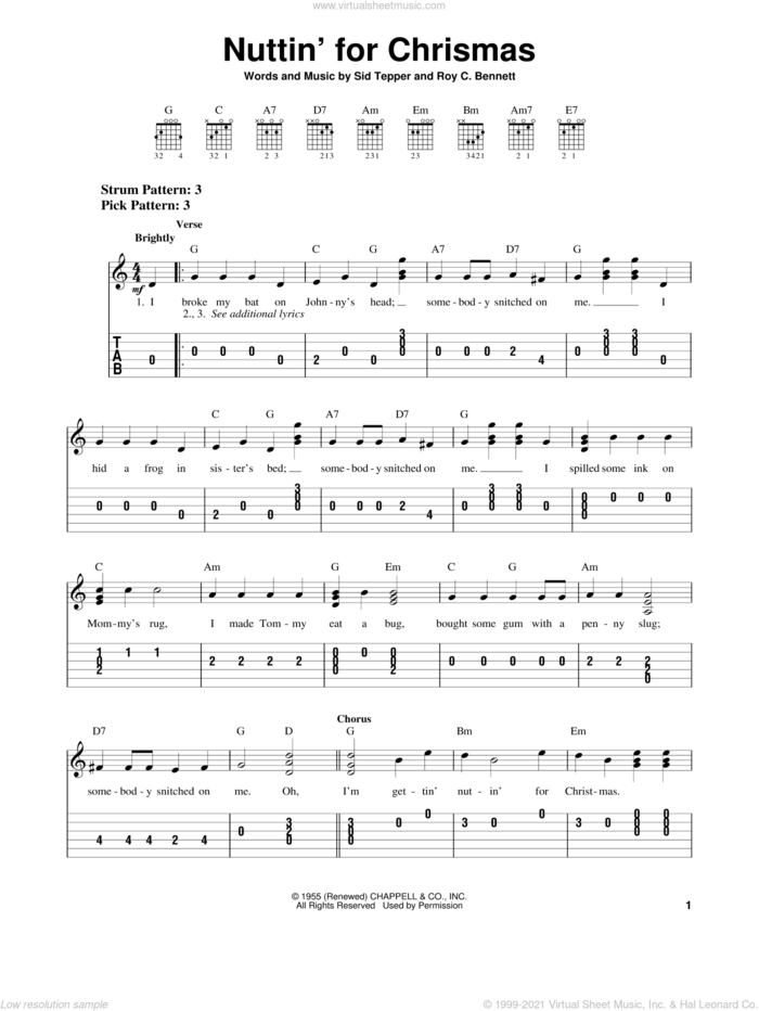 Nuttin' For Christmas sheet music for guitar solo (chords) by Roy Bennett and Sid Tepper, easy guitar (chords)