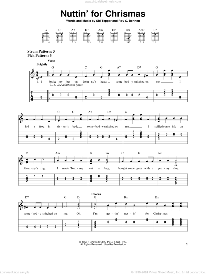 Nuttin' For Christmas sheet music for guitar solo (chords) by Roy Bennett and Sid Tepper, easy guitar (chords)