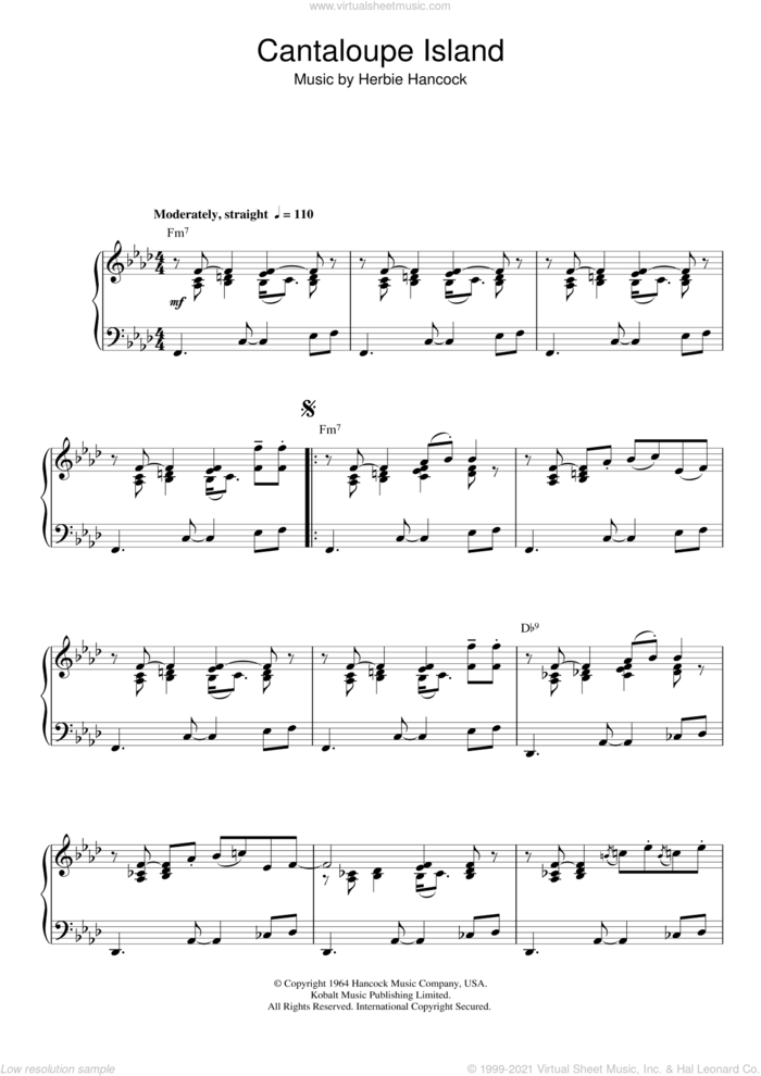 Cantaloupe Island, (intermediate) sheet music for piano solo by Herbie Hancock, intermediate skill level