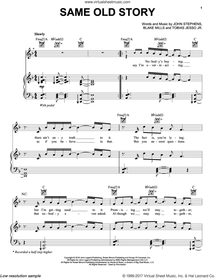 Same Old Story sheet music for voice, piano or guitar by John Legend, Blake Mills, John Stephens and Tobias Jesso Jr., intermediate skill level