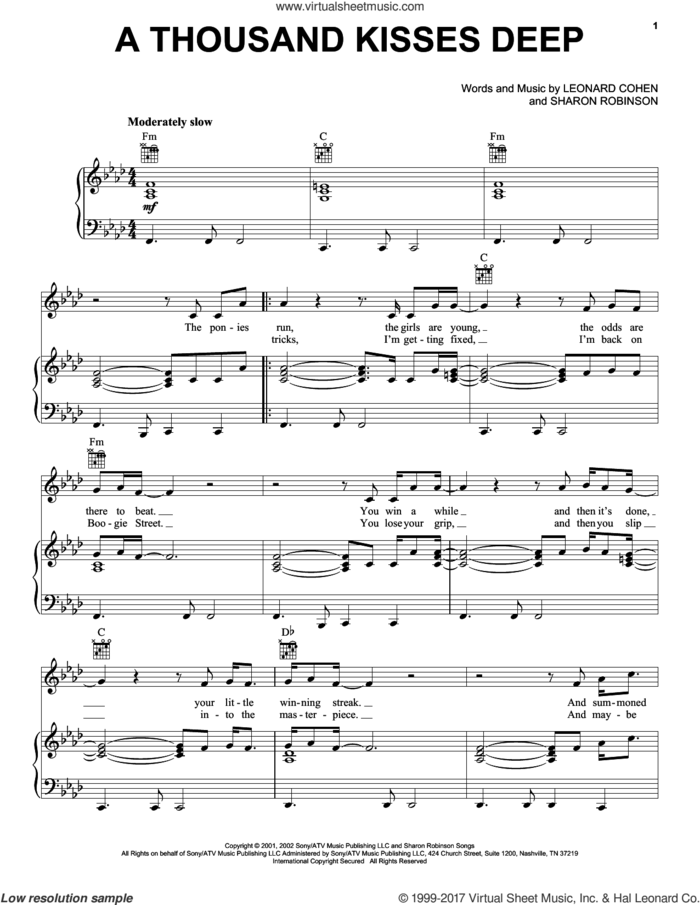 A Thousand Kisses Deep sheet music for voice, piano or guitar by Leonard Cohen, Chris Botti and Sharon Robinson, intermediate skill level