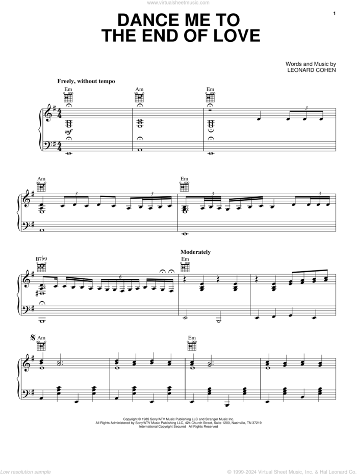 Dance Me To The End Of Love sheet music for voice, piano or guitar by Leonard Cohen and Madeleine Peyroux, intermediate skill level