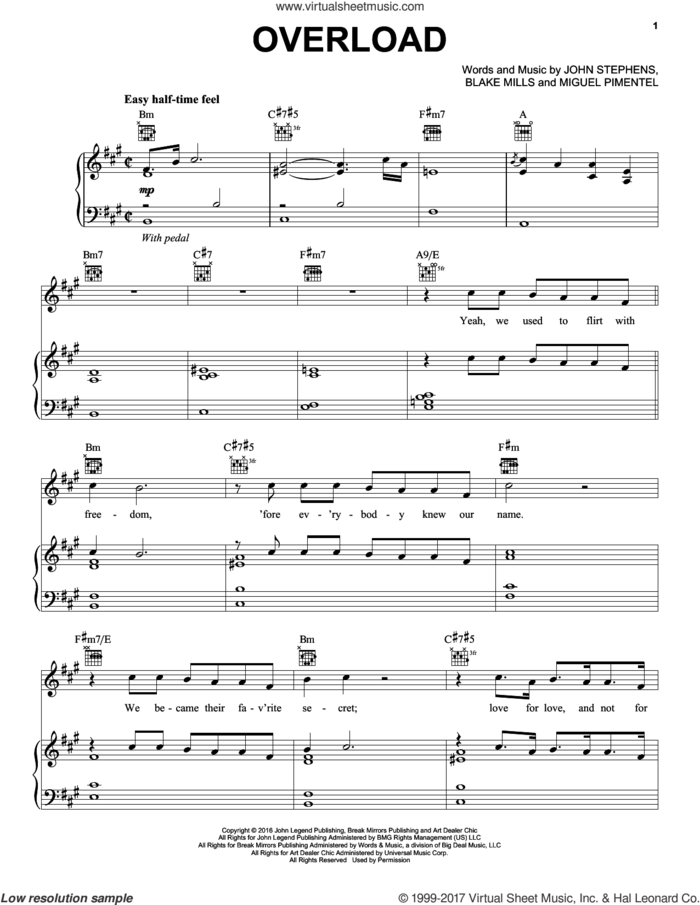 Overload sheet music for voice, piano or guitar by John Legend, Blake Mills, John Stephens and Miguel Pimentel, intermediate skill level