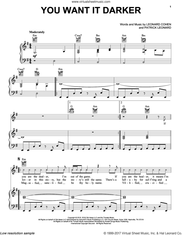 You Want It Darker sheet music for voice, piano or guitar by Leonard Cohen and Patrick Leonard, intermediate skill level
