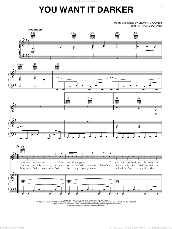 You Want It Darker sheet music for voice, piano or guitar by Leonard Cohen and Patrick Leonard, intermediate skill level