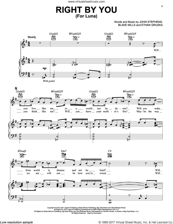 Right By You (For Luna) sheet music for voice, piano or guitar by John Legend, Blake Mills, Ethan Gruska and John Stephens, intermediate skill level