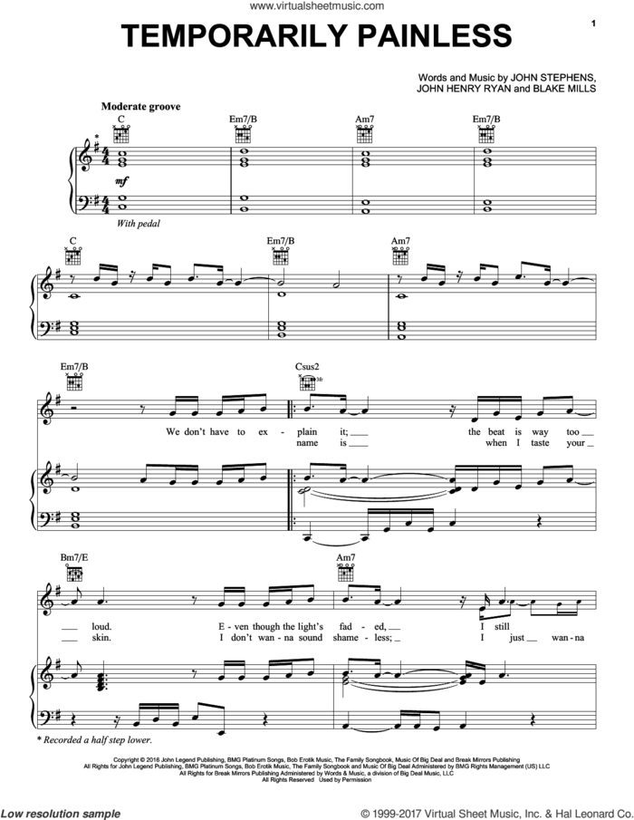 Temporarily Painless sheet music for voice, piano or guitar by John Legend, Blake Mills, John Henry Ryan and John Stephens, intermediate skill level