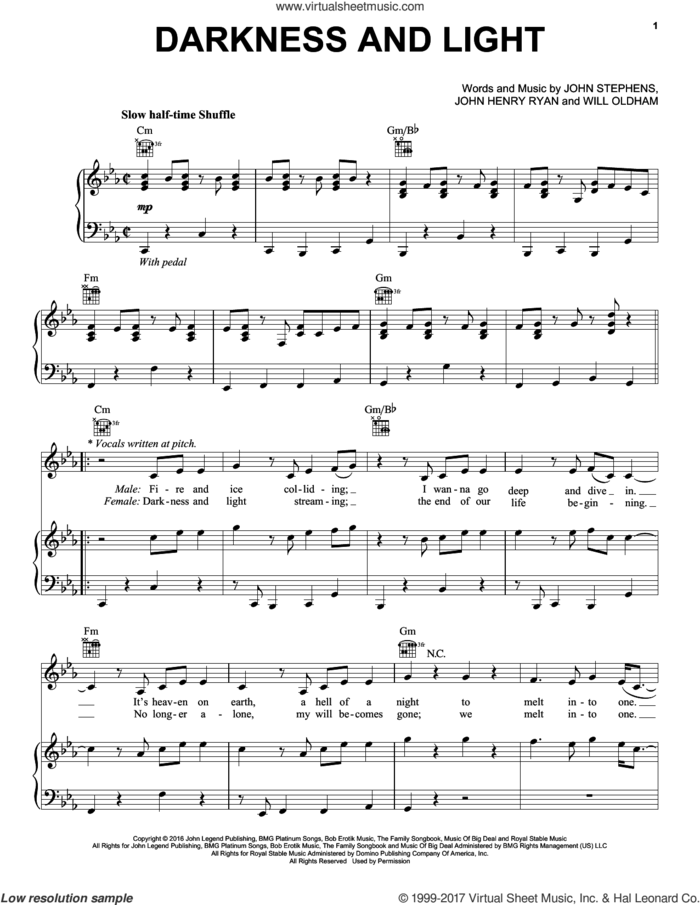 Darkness And Light sheet music for voice, piano or guitar by John Legend, John Henry Ryan, John Stephens and Will Oldham, intermediate skill level