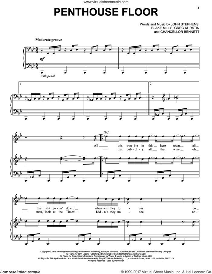 Penthouse Floor sheet music for voice, piano or guitar by John Legend, Blake Mills, Chancellor Bennett, Greg Kurstin and John Stephens, intermediate skill level