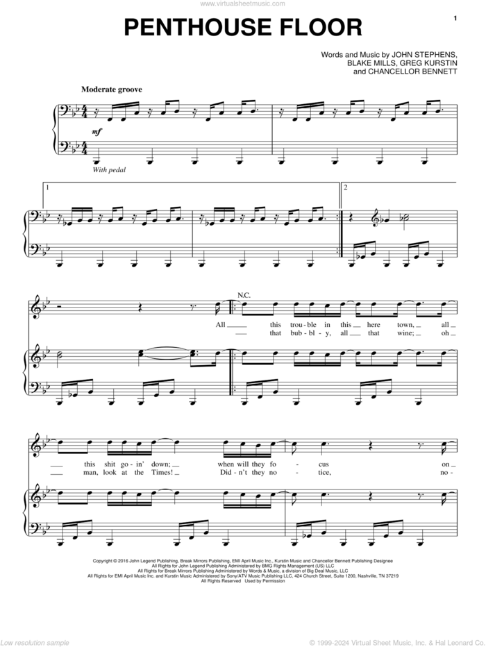 Penthouse Floor sheet music for voice, piano or guitar by John Legend, Blake Mills, Chancellor Bennett, Greg Kurstin and John Stephens, intermediate skill level