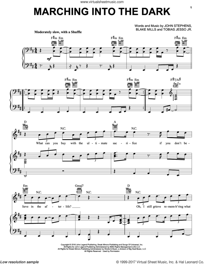 Marching Into The Dark sheet music for voice, piano or guitar by John Legend, Blake Mills, John Stephens and Tobias Jesso Jr., intermediate skill level