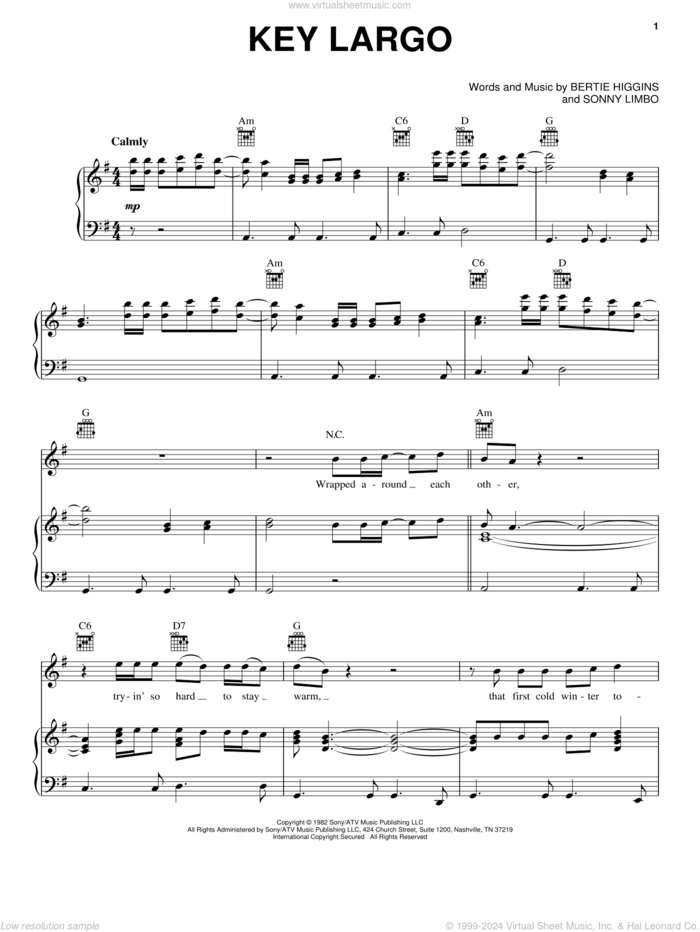 Key Largo sheet music for voice, piano or guitar by Bertie Higgins and Sonny Limbo, intermediate skill level