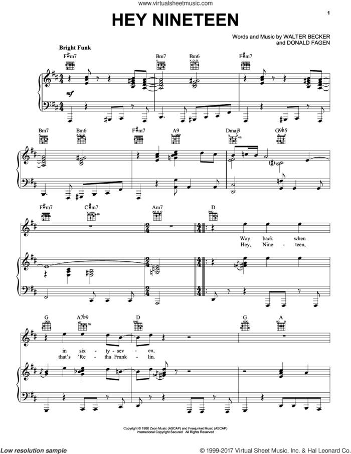 Hey Nineteen sheet music for voice, piano or guitar by Steely Dan, Donald Fagen and Walter Becker, intermediate skill level