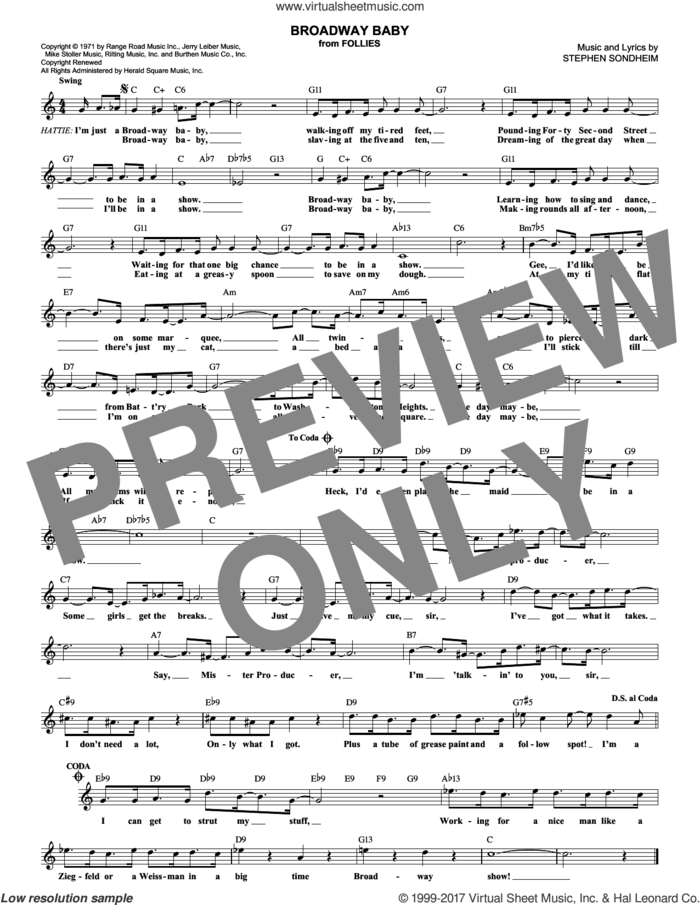 Broadway Baby sheet music for voice and other instruments (fake book) by Stephen Sondheim, intermediate skill level