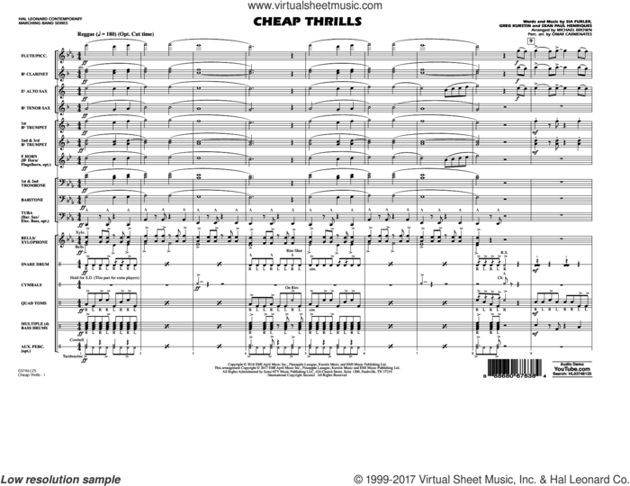 Cheap Thrills (COMPLETE) sheet music for marching band by Michael Brown, Greg Kurstin, Sean Paul Henriques, Sia feat. Sean Paul and Sia Furler, intermediate skill level