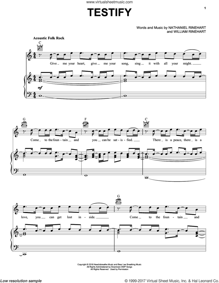 Testify sheet music for voice, piano or guitar by William Rinehart, NEEDTOBREATHE and Nathaniel Rinehart, intermediate skill level