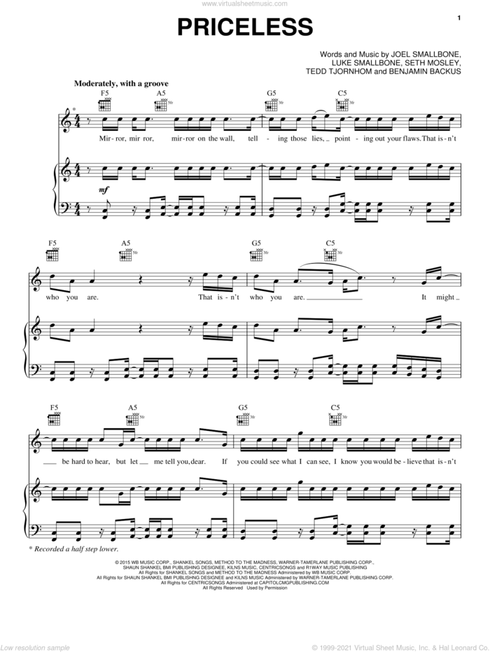 Priceless sheet music for voice, piano or guitar by Benjamin Backus, Joel Smallbone, Luke Smallbone, Seth Mosley and Tedd Tjornhom, intermediate skill level