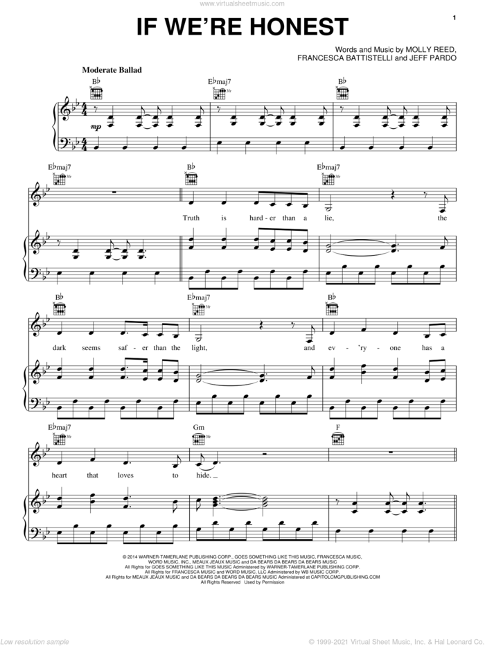 If We're Honest sheet music for voice, piano or guitar by Molly Reed, Francesca Battistelli and Jeff Pardo, intermediate skill level