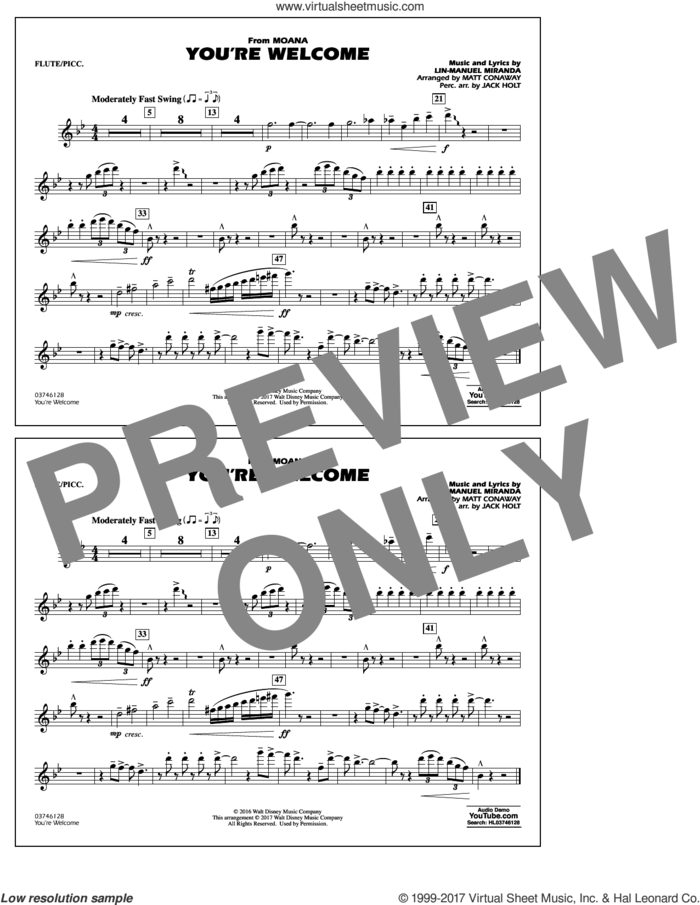 You're Welcome (from Moana) sheet music for marching band (flute/piccolo) by Matt Conaway and Lin-Manuel Miranda, intermediate skill level