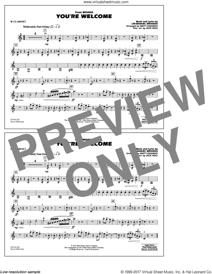 You're Welcome (from Moana) sheet music for marching band (Bb clarinet) by Matt Conaway and Lin-Manuel Miranda, intermediate skill level