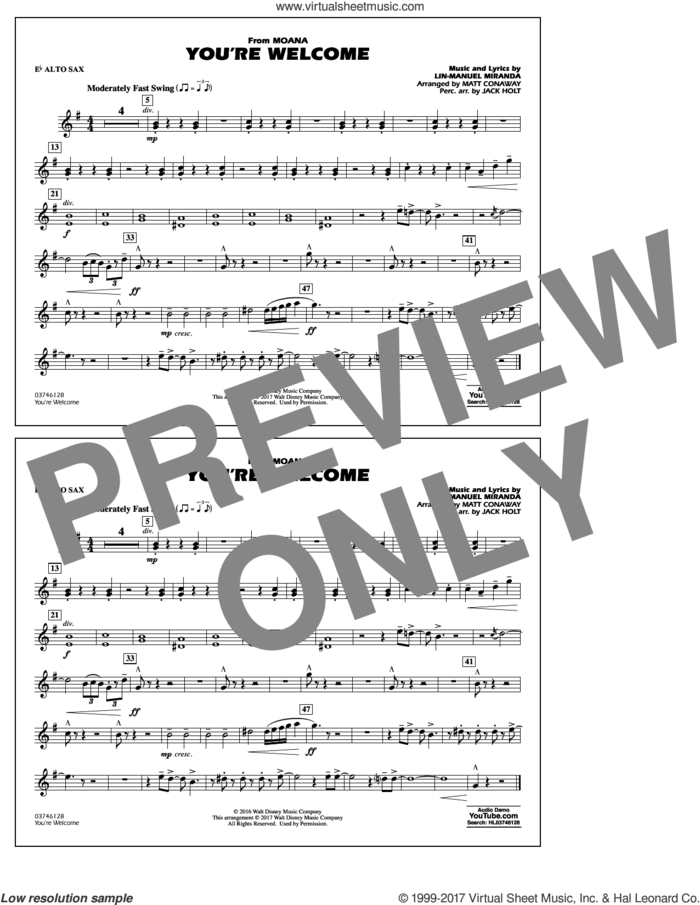 You're Welcome (from Moana) sheet music for marching band (Eb alto sax) by Matt Conaway and Lin-Manuel Miranda, intermediate skill level