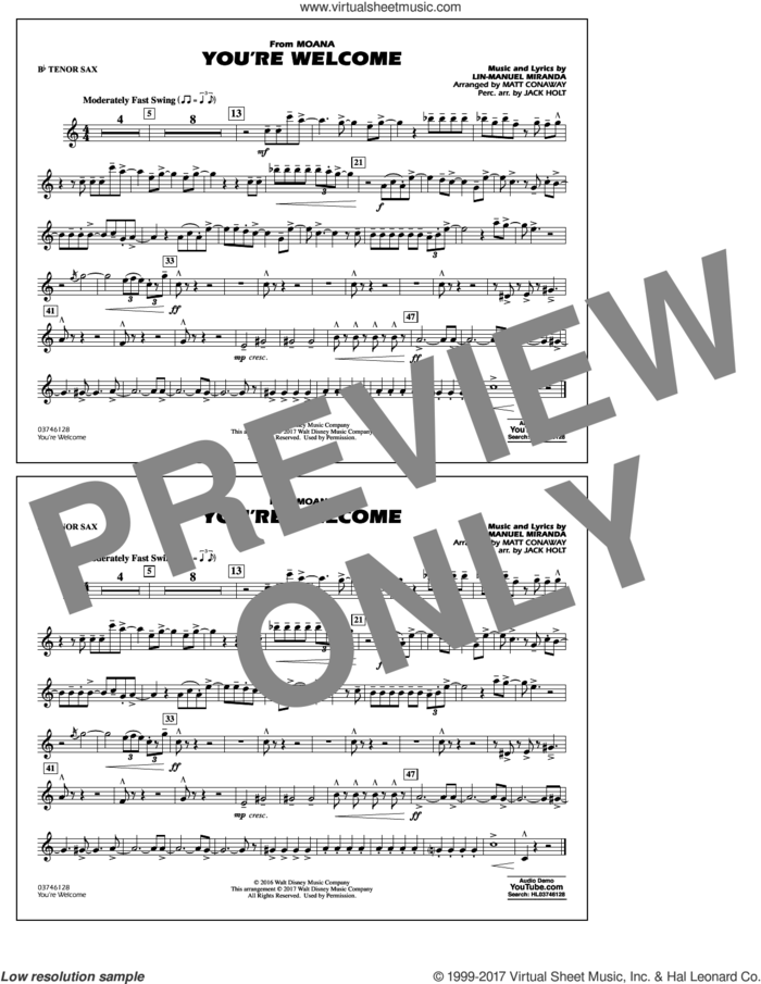 You're Welcome (from Moana) sheet music for marching band (Bb tenor sax) by Matt Conaway and Lin-Manuel Miranda, intermediate skill level