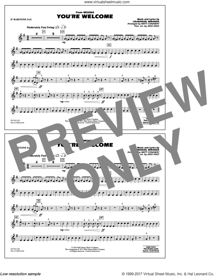 You're Welcome (from Moana) sheet music for marching band (Eb baritone sax) by Matt Conaway and Lin-Manuel Miranda, intermediate skill level