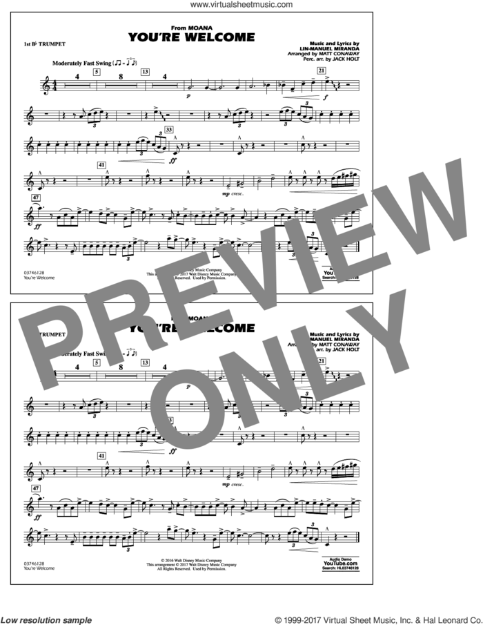 You're Welcome (from Moana) sheet music for marching band (1st Bb trumpet) by Matt Conaway and Lin-Manuel Miranda, intermediate skill level