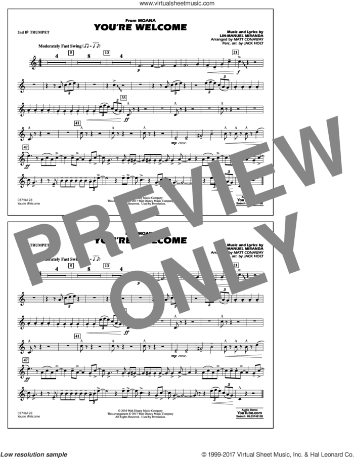 You're Welcome (from Moana) sheet music for marching band (2nd Bb trumpet) by Matt Conaway and Lin-Manuel Miranda, intermediate skill level