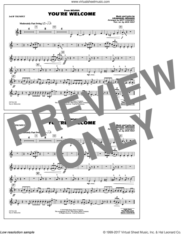 You're Welcome (from Moana) sheet music for marching band (3rd Bb trumpet) by Matt Conaway and Lin-Manuel Miranda, intermediate skill level
