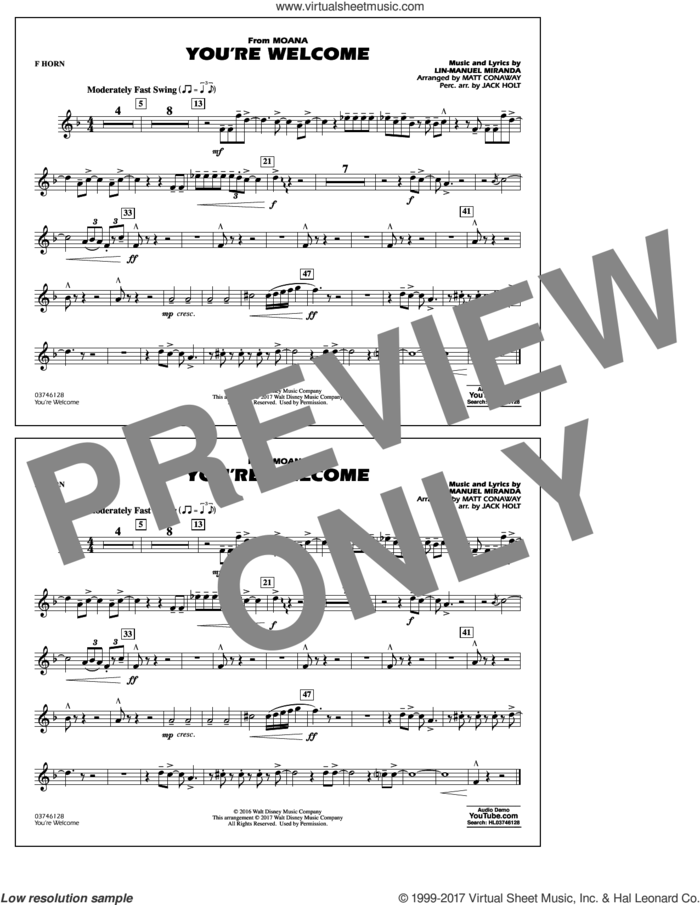 You're Welcome (from Moana) sheet music for marching band (f horn) by Matt Conaway and Lin-Manuel Miranda, intermediate skill level