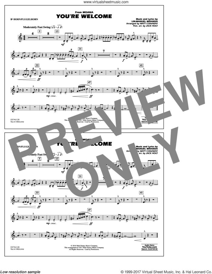 You're Welcome (from Moana) sheet music for marching band (Bb horn/flugelhorn) by Matt Conaway and Lin-Manuel Miranda, intermediate skill level