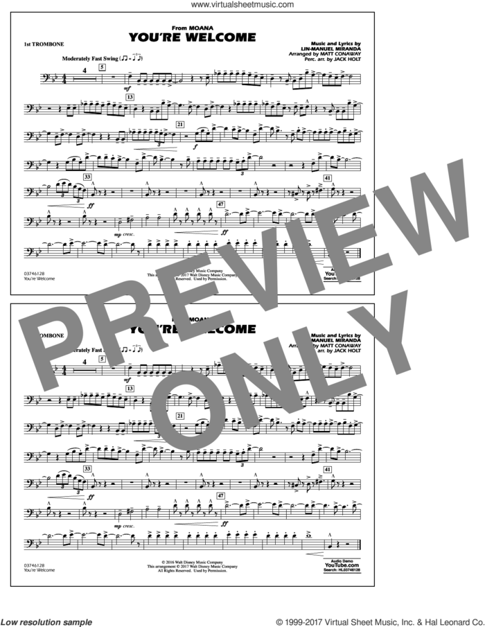 You're Welcome (from Moana) sheet music for marching band (1st trombone) by Matt Conaway and Lin-Manuel Miranda, intermediate skill level