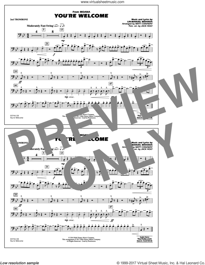 You're Welcome (from Moana) sheet music for marching band (2nd trombone) by Matt Conaway and Lin-Manuel Miranda, intermediate skill level