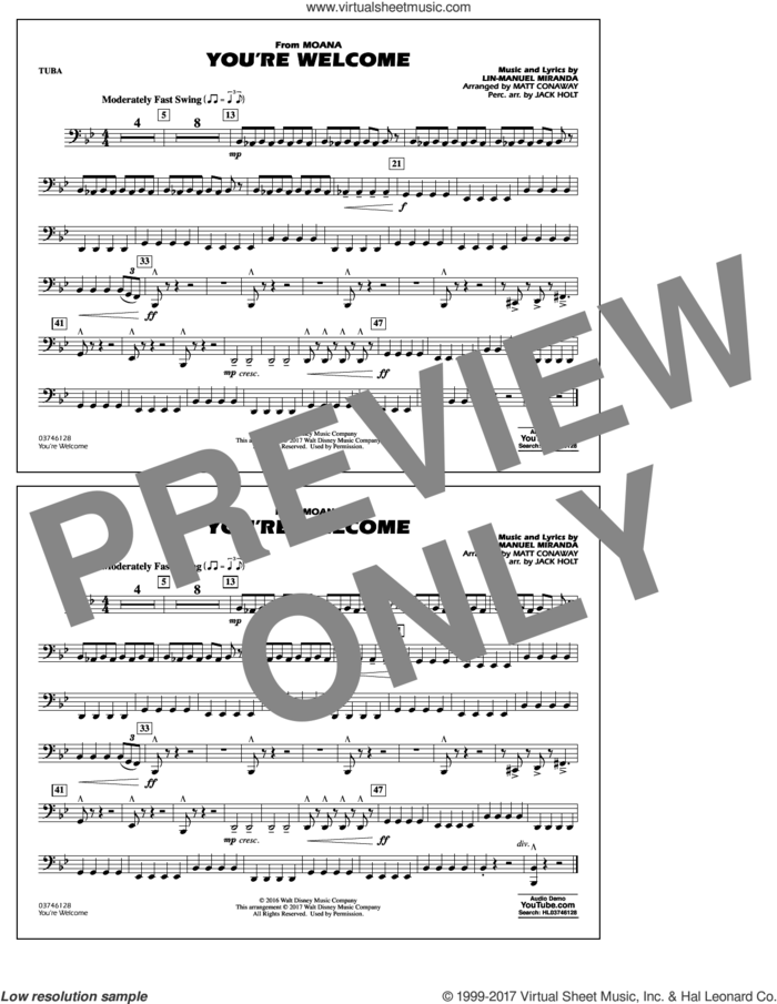 You're Welcome (from Moana) sheet music for marching band (tuba) by Matt Conaway and Lin-Manuel Miranda, intermediate skill level