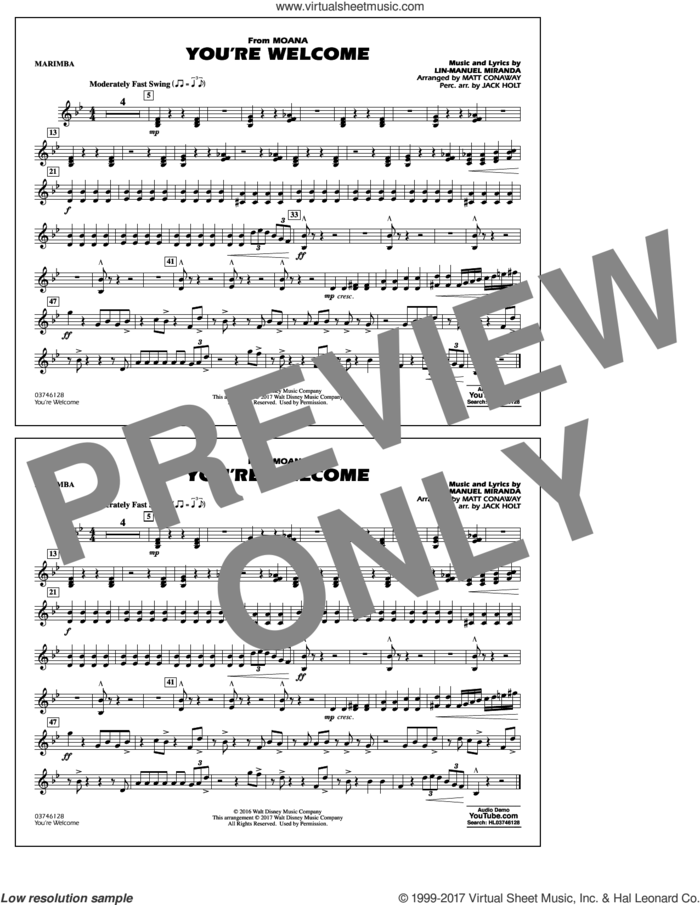 You're Welcome (from Moana) sheet music for marching band (marimba) by Matt Conaway and Lin-Manuel Miranda, intermediate skill level