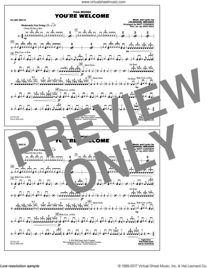 You're Welcome (from Moana) sheet music for marching band (snare drum) by Matt Conaway and Lin-Manuel Miranda, intermediate skill level