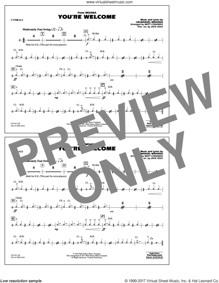 You're Welcome (from Moana) sheet music for marching band (cymbals) by Matt Conaway and Lin-Manuel Miranda, intermediate skill level