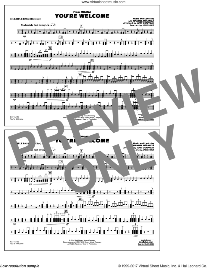 You're Welcome (from Moana) sheet music for marching band (multiple bass drums) by Matt Conaway and Lin-Manuel Miranda, intermediate skill level