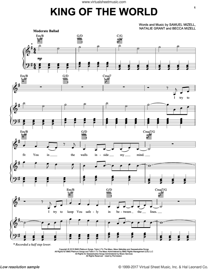 King Of The World sheet music for voice, piano or guitar by Natalie Grant, Becca Mizell and Samuel Mizell, intermediate skill level