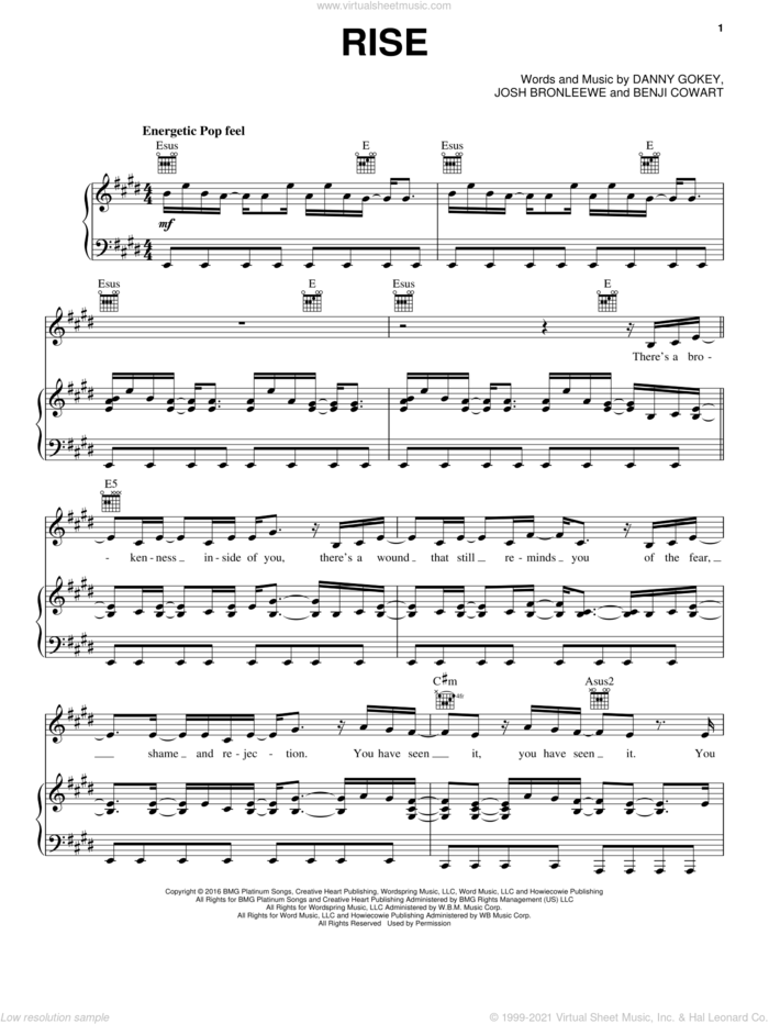 Rise sheet music for voice, piano or guitar by Danny Gokey, Benji Cowart and Josh Bronleewe, intermediate skill level